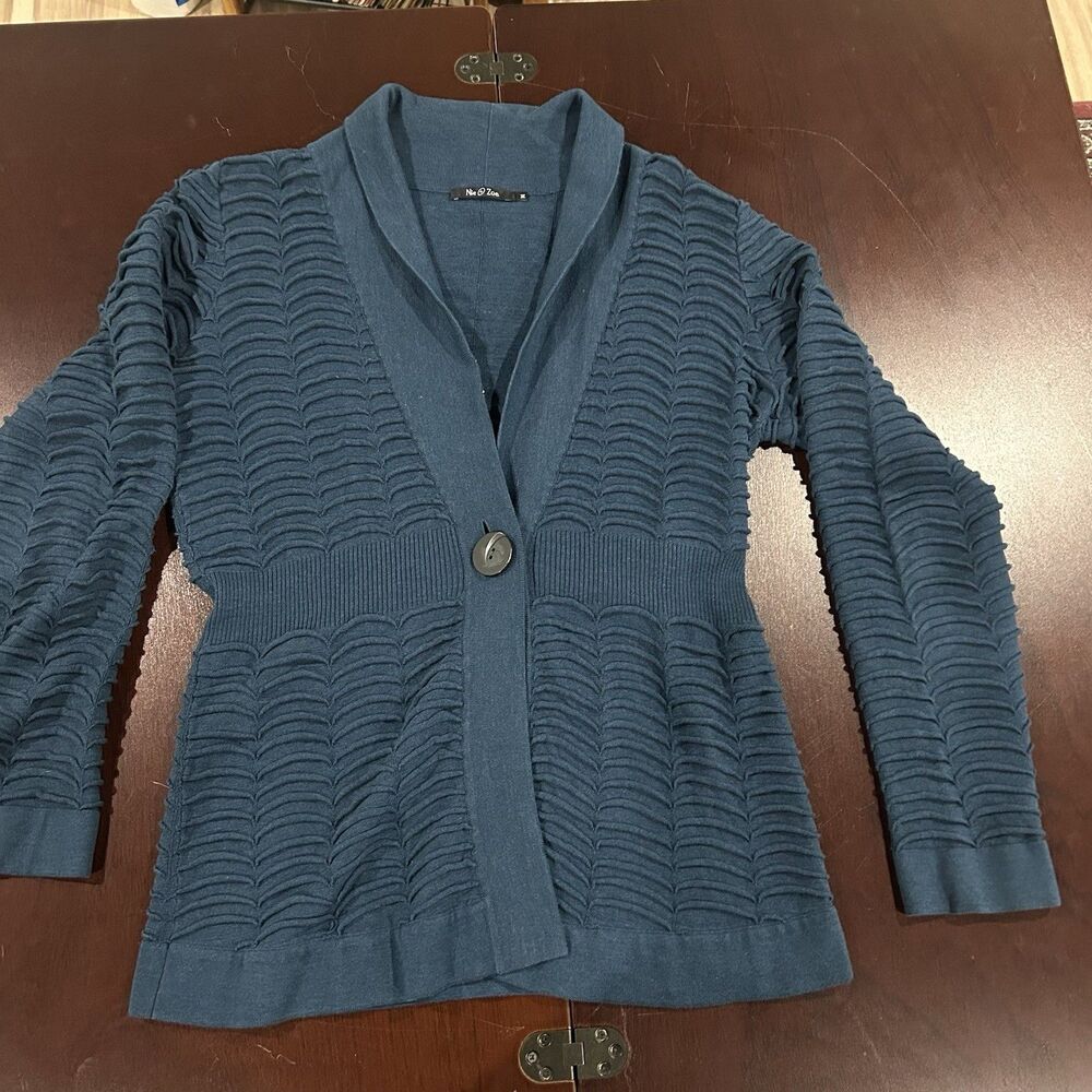 Nic+Zoe Teal Blue One Button Shawl Neck Textured Wavy Cardigan Size M